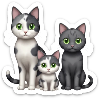 3 different coloured small cats including a dark grey and white, and a patchy calico and a completely solid dark grey with green eyes and only white paws sticker