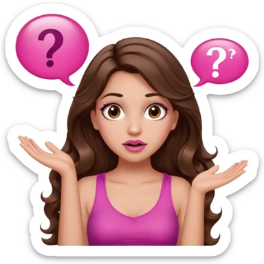 girl with long wavy brown hair, brown eyes, long lashes makeup, sexy pink lips, light to medium complexion, pink sexy top, two hands up, shrugging, confused questions mark bubble sign sticker
