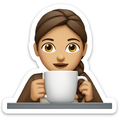 MUJER JOVEN DE PIEL BLANCA, OJOS MARRONES CLAROS, PELO MARRON Y LARGO TRABAJANDO CON CUMPUTADORA Y TIENE UN CAFE O AGUA sticker