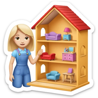 smiling girl arranging furniture in doll house sticker