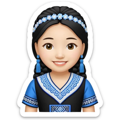 Make a hmong girl emoji in a blue, white, and black Hmong inspired dress sticker