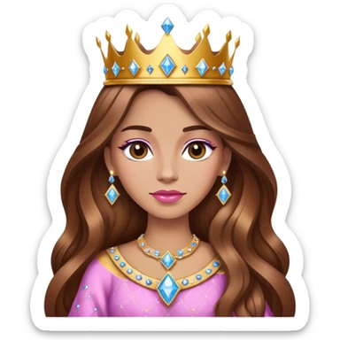 Queen, brown long hair, golden crown encrusted with pink and blue diamonds sticker