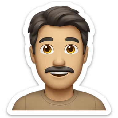 Man with light brown shirt, dark hair and small mustache waving sticker