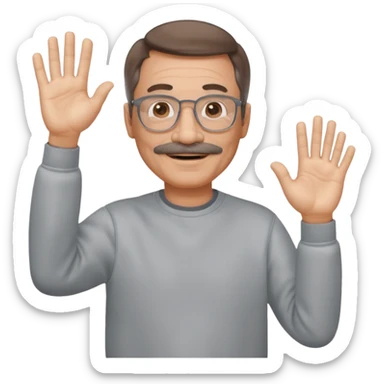 60 yr man partial brown hair parted in center, mustache, light glasses, sweatshirt waving hello sticker