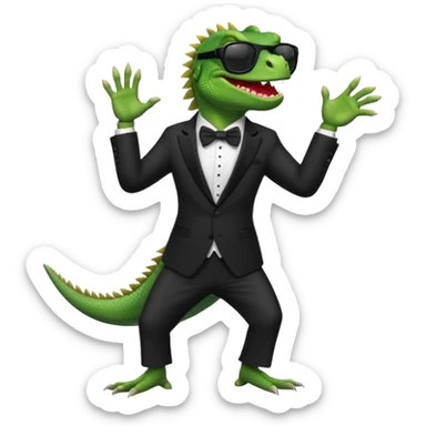 capitalist iguana banker in tuxedo and black sunglasses dancing crazy sticker