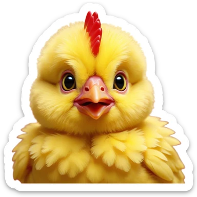 Cinematic Cute Yellow Baby Chicken Portrait Emoji, Head tilted playfully and inquisitively, featuring a fluffy, vibrant yellow downy coat with a tiny red comb, round, sparkling beady eyes filled with curiosity, Simplified yet irresistibly adorable features, highly detailed, glowing with a warm, friendly glow, high shine, affectionate and lively, stylized with a touch of playful whimsy, bright and endearing, soft glowing outline, capturing the essence of a mischievous yet loving chick, so playful it feels like it could peep out of the screen and into your arms! sticker