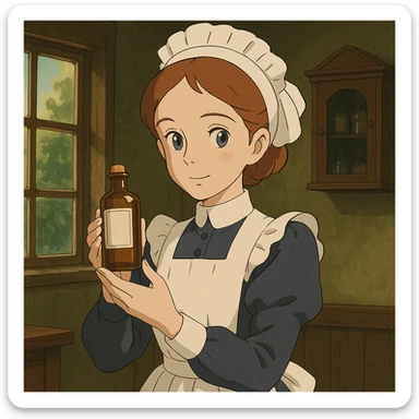 victorian nurse holding a medicine bottle sticker