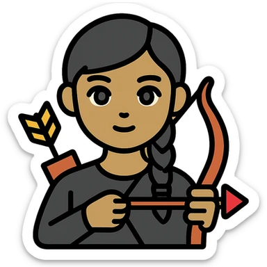 girl with olive skin, gray eyes, black hair in a side braid, wearing a black outfit, holding a bow and arrow sticker