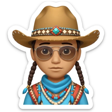 cute Indigenous tribal character portrait, head and shoulders only, cowboy hat, sunglasses, tribal accessories, confident expression, 3D cartoon, mobile game icon style, clean background, no text, no watermark
 sticker