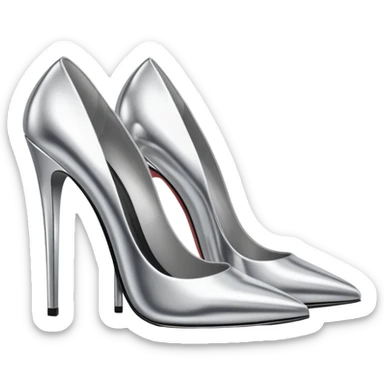 A pair of high heel shoes emoji made of polished silver chrome, elegant sharp silhouette, smooth metallic surface, glossy reflections, luxury sexy vibe, minimalistic iOS emoji style, centered, clean white background sticker