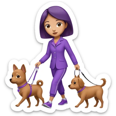 Chinese woman wearing purple outfit walking 1 small brown dog sticker