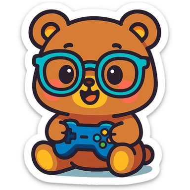 chibi bear with glasses playing games, vibrant and cute, animated style sticker
