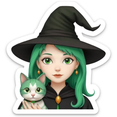 Witch with cat companion, green haired sticker