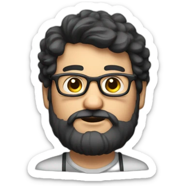 Fat strong bearded computer scientist with glasses black hair and 50 years old sticker