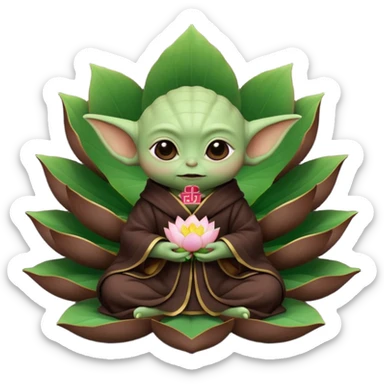 Baby Yoda con su tunica chocolate oscuro sentado dentro de una flor de loto estilo chino sticker