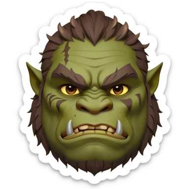 Cinematic Noble Ogre Portrait Emoji, Majestic and imposing, with a rugged, muscular form in deep earthy greens and browns, adorned with battle scars and subtle tribal markings, exuding calm, noble strength and unexpected wisdom, simplified yet strikingly detailed, glowing with a shadowy outline that captures the essence of a gentle giant with fierce heart! sticker