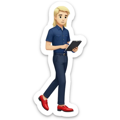 Guy with super long straight blonde hair wearing a short sleeve navy button up untucked black pants red shoes walking holding a notebook sticker