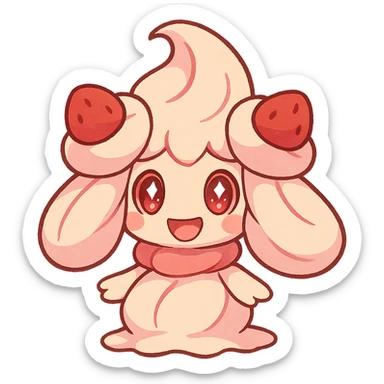 cute Alcremie Pokémon with sparkling eyes, small swirl on top, happy inviting expression, red and pink colors sticker