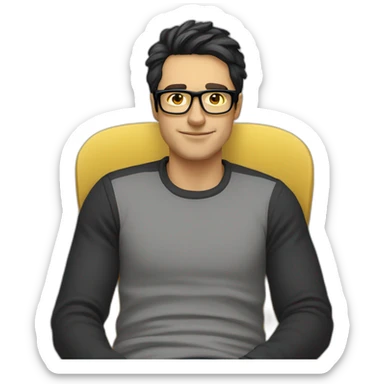 White man with yellow tinted glasses and black hair in a gray jumper and sitting on a chair sticker