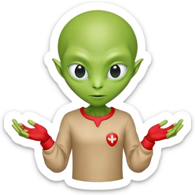 Green alien in Shirt 👚 vyshyvanka, white with red embodiary on sleeved, with 🇺🇦 in a hand sticker