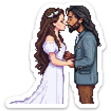 pixel art of a couple kissing with soft colors: white woman with long wavy dark brown hair and white man with long hair and black beard sticker