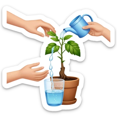 hands pouring water onto a potted plant, simple and friendly sticker