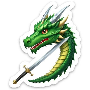 fierce green dragon head facing a medieval sword with classic hilt and wide sharp blade, clear simple details, antique robust sword design sticker