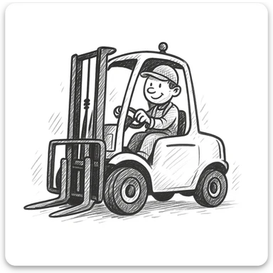 Add a driver to the forklift in a doodle style, hand drawn and sketchy with visible lines and a casual, playful look. sticker