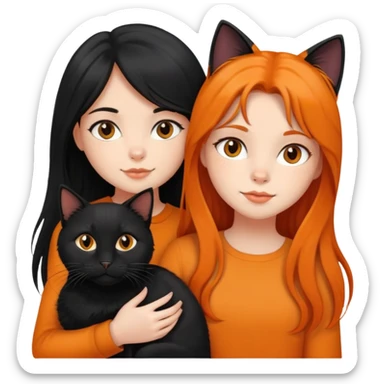 A black long haired girl holding a black cat and an orange long haired cat sticker