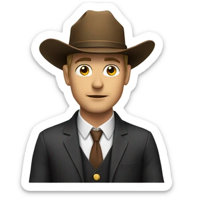 White man in a suit with a cowboy hat sticker