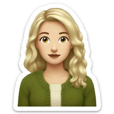 Pretty brown eyed white girl with olive green sweater reading cozy sticker