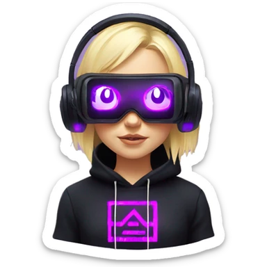 Russian cute blond girl wearing black hoody with violet letters "OMG", in vr headset. Cyberpunk style. Violet neon. sticker