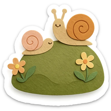 mossy rock with snails and small flowers in earthy pastel colors, paper craft style sticker