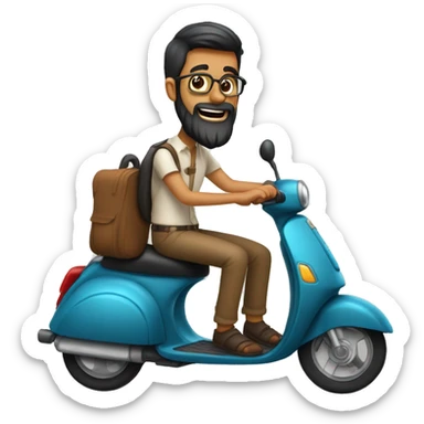 Two riding a scooter one indian male with a point beard wearing glasses a trouser shirt girl with glasses indian wearing trousers and blouse  sticker