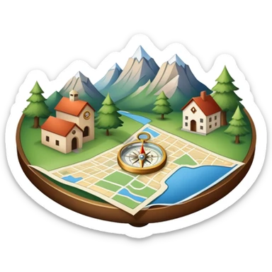 An icon featuring a local map, a compass, and regional landmarks, symbolizing local studies. The design includes a tree, mountains, and buildings, representing the unique geography and culture of a specific area. Transparent background highlights the exploration of local history and environment. sticker