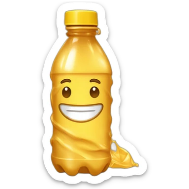 american style water bottle on the ground filled halfway with brownish yellow liquid, crumpled sticker