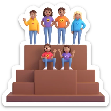 multi-racial people in colorful jeans, t-shirts, and hoodies on a brown winners’ podium with the middle step higher, no numbers, excited fun expressive 3D emoji style sticker
