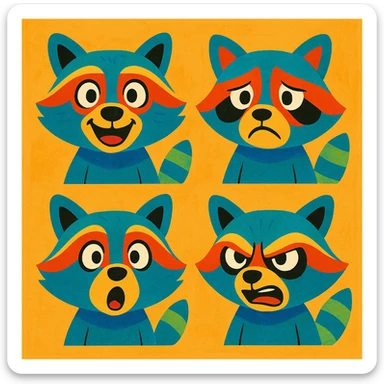 A set of emotions featuring a painted raccoon sticker