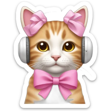 cute cat with pink bow and white warm headphones sticker