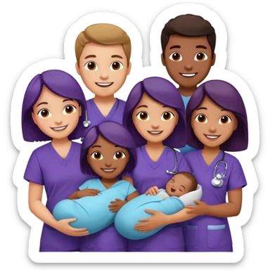 Create Happy & celebrating team faces for a hospital with a newborn saved with dress color as dark voilet sticker