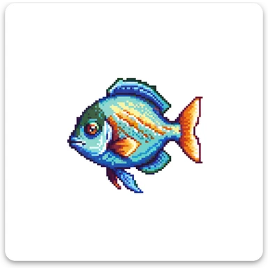 Tropical colorful fish for Minecraft inventory, eye pointing down-left at 45-degree angle, square texture, pixel art game asset sticker
