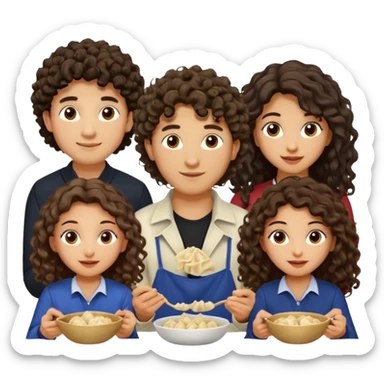 Can you create an emoji of three 23 year olds eating dumplings. One boy with wavy curly hair one Jewish girl with long dark brown curly hair and one half Indian / half white girl with mid length dark brown hair. All brown eyes sticker