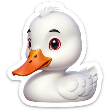 Cinematic Comical White Duck Portrait Emoji, Head tilted dramatically with an exaggeratedly amused expression, featuring a striking, glossy white plumage with a quirky red bill, wide, expressive eyes filled with playful disbelief, Simplified yet hilariously expressive features, highly detailed, glowing with a slightly sassy glow, high shine, dramatic yet playful, stylized with an air of cheeky mischief, bright and endearing, soft glowing outline, capturing the essence of a spirited and over-the-top duck, so meme-worthy it feels like it could quack its way into internet fame instantly! sticker