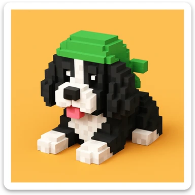 A black and white Russian Cocker Spaniel puppy wearing a green durag, voxel style, lying down sticker