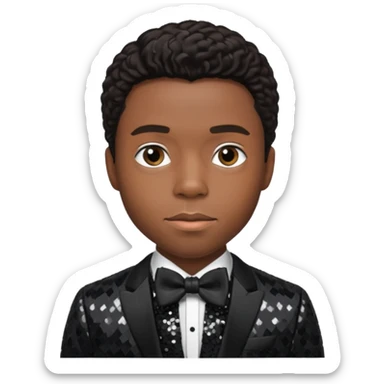  Chadwick Boseman with dark brown hair, black sequin suit with bow tie sticker