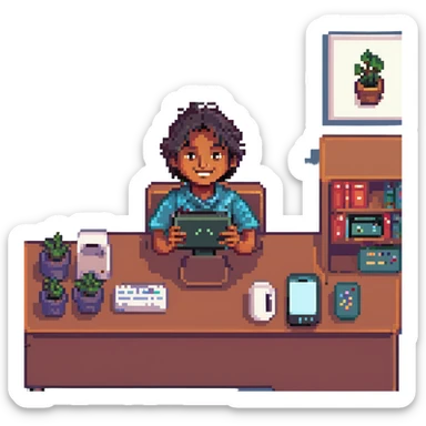 Indian boy hacker with a mischievous smile holding a smartphone sitting at a desk with a monitor, pixel art style sticker