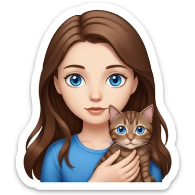 White girl with blue eyes and long brown hair, holding a small dark tabby cat sticker