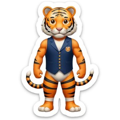 crea un tigre de cuerpo completo, que lleve un chaleco color azul marino y que en el chaleco lleve el nombre (telamon) sticker