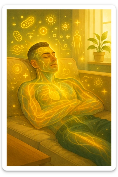 Uomo sdraiato su un divano nel primo pomeriggio, mentre fa un breve riposino. Il suo corpo appare parzialmente trasparente o stilizzato, con luce calda e flussi energetici dorati e verdi che scorrono attraverso muscoli, cervello, e organi. Intorno a lui si vedono piccoli simboli di rigenerazione: cellule che si rinnovano, tessuti che si illuminano, aura rilassata. L'ambiente è calmo e ordinato, luce naturale che entra da una finestra, atmosfera rigenerante, stile realistico con accenti metaforici. sticker