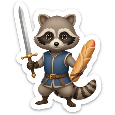 Raccoon rise of castles game theme. French. Holding a baguette as a sword sticker